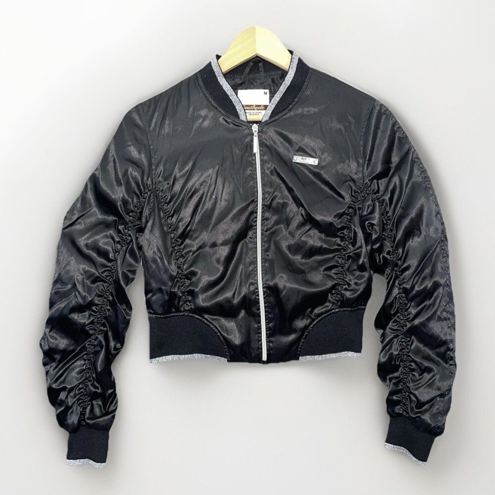 Southpole Bomber Jacket Cropped Ruched Sleeve Satin Finish Size M Black Shiny